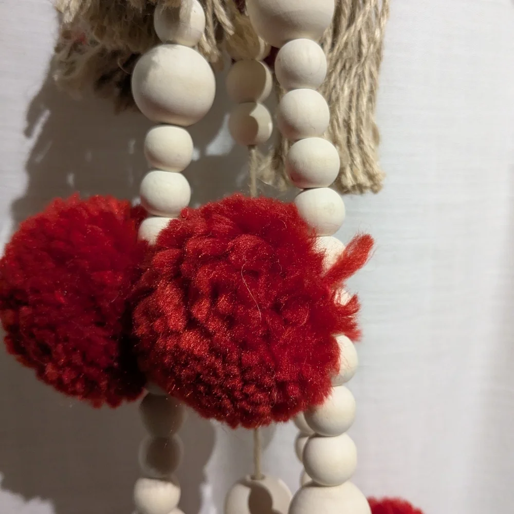 Garland With Wooden Beads And Red&Green Pompoms